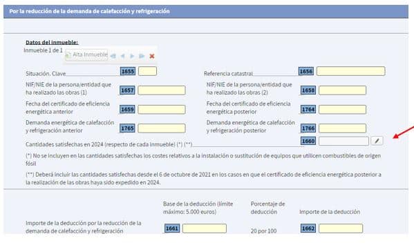 Cumplimentación casilla 1660 deducción eficiencia energetica obras