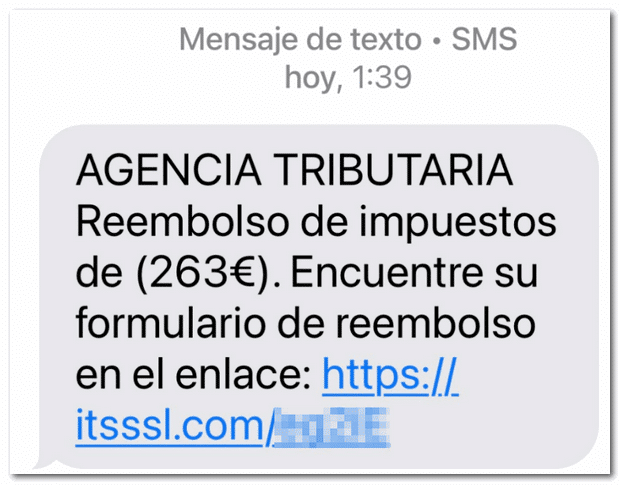 Smishing mutualistas campaña 2024-25. AGENCIA TRIBUTARIA. Reembolso de impuestos de (263€). Encuentre su formulario de reembolso en el enlace