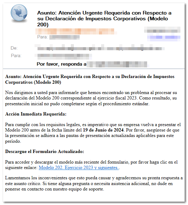 Estafa campaña 2024-25. Atención Urgente Requerida con Respecto a su Declaración de Impuestos Corporativos (Modelo 200)