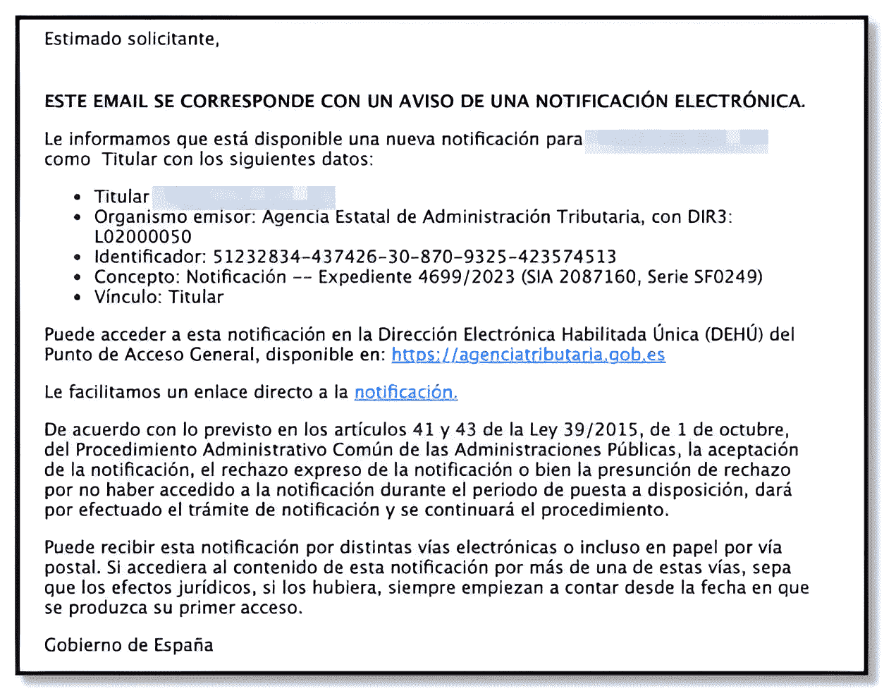 Este mail de los ciberdelincuentes corresponde con un aviso de notificación electrónica agencia tributaria 2024-25