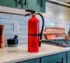 Extintor de incendios en una cocina moderna, como parte del seguro de hogar contra incendios