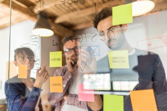 Equipo de trabajo de hombres y mujeres en una pizarra con post-it mirando cómo invertir en startups