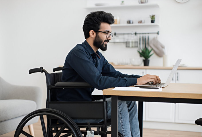 Hombre en silla de ruedas mirando los grados de discapacidad en el portátil
