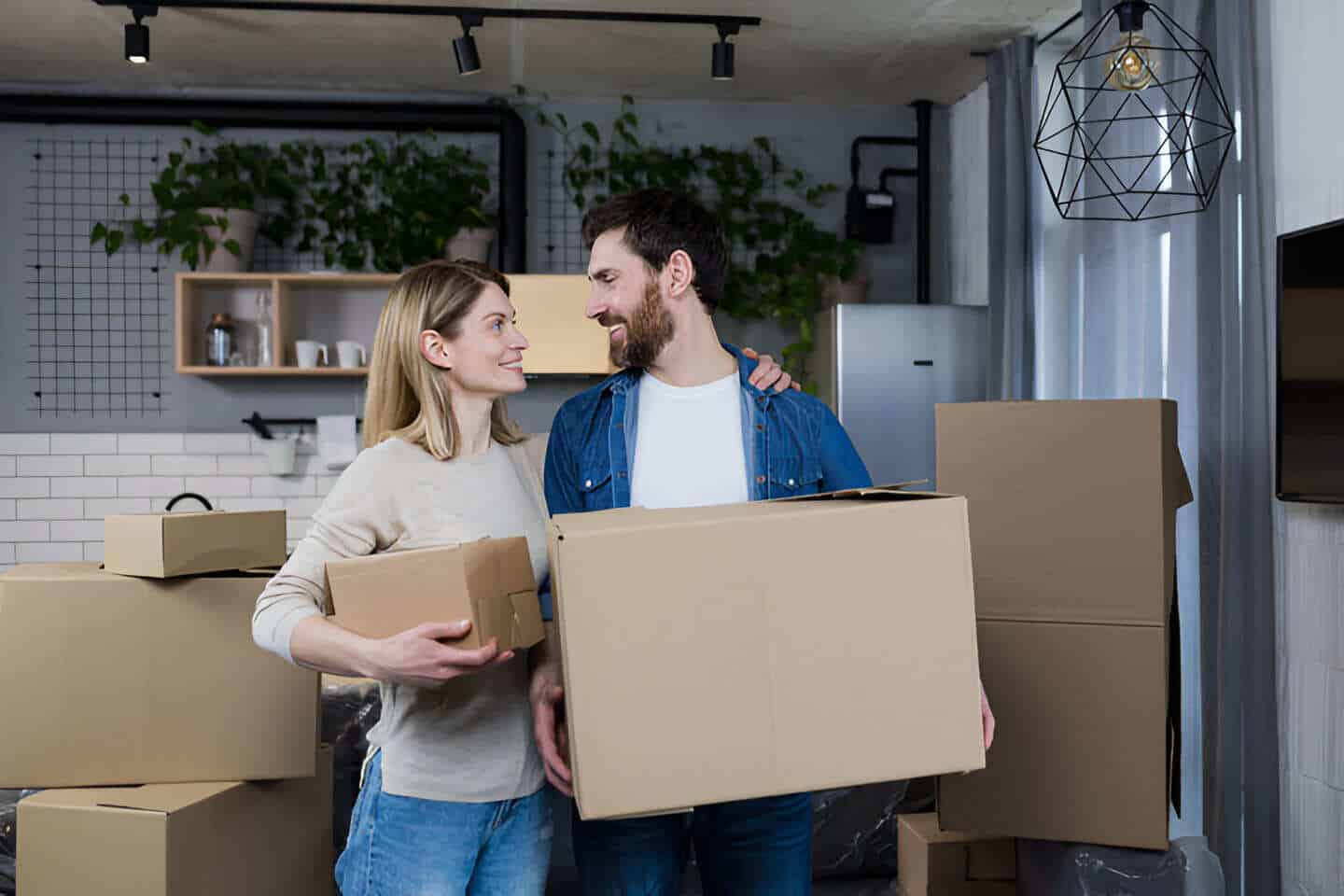 Pareja de mujer y hombre con cajas de mudanza en su nuevo hogar, gracias a Mi Primera Vivienda en Galicia
