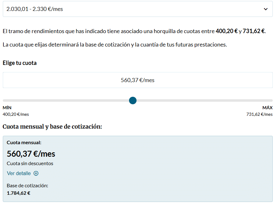 Ejemplo de ingresos de 2.000 euros en la cuota de autónomos en 2025, con cuota media aproximada