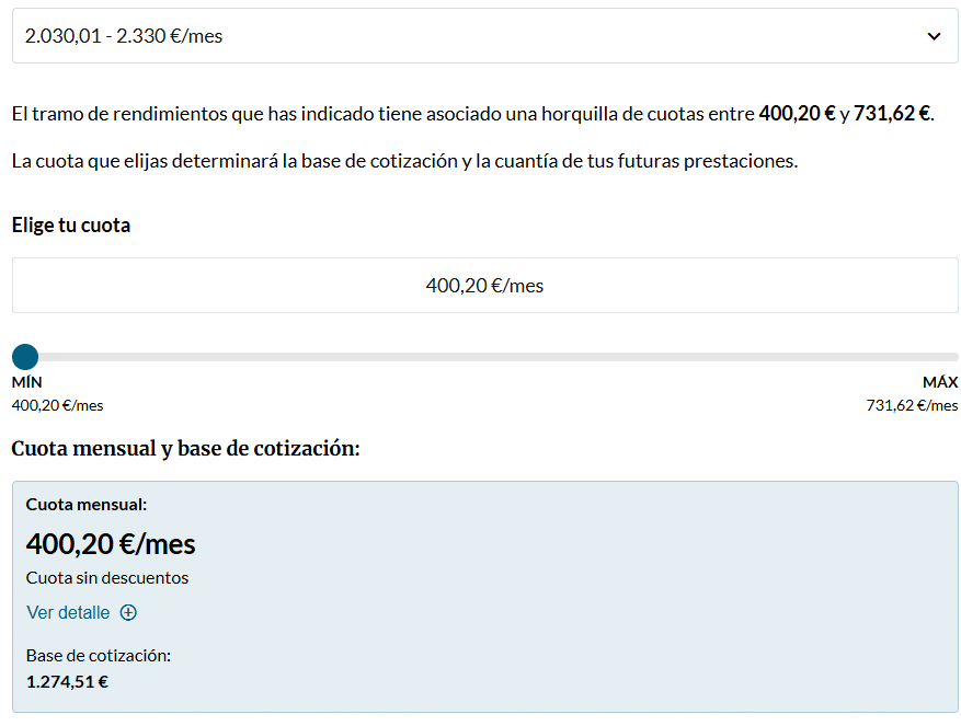 Ejemplo de ingresos de 2.000 euros en la cuota de autónomos en 2025, con cuota mínima