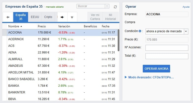 Ejemplo de interfaz de uno de los simuladores de bolsa