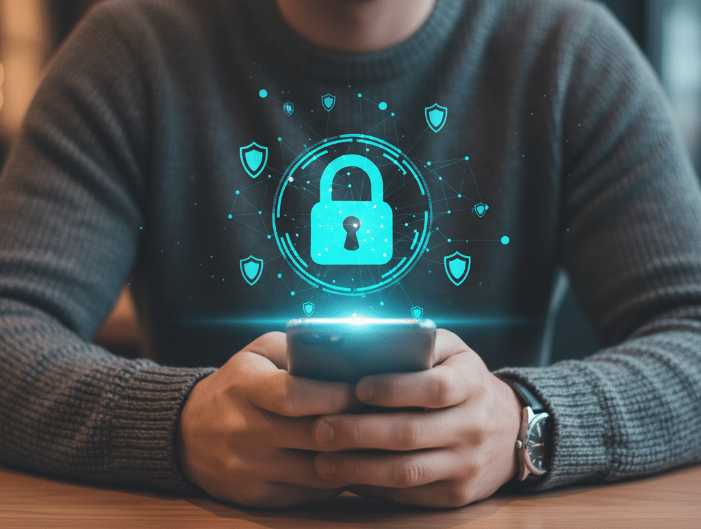 Chico haciendo una transferencia bancaria segura con un icono de un candado