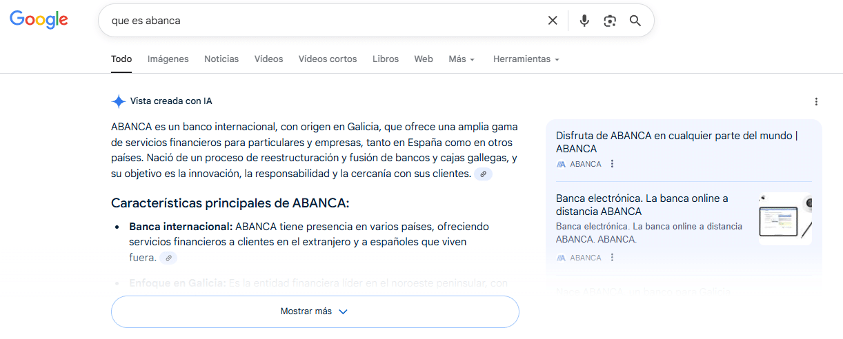 Resultados de búsqueda sobre qué es ABANCA de Google en IA Overview